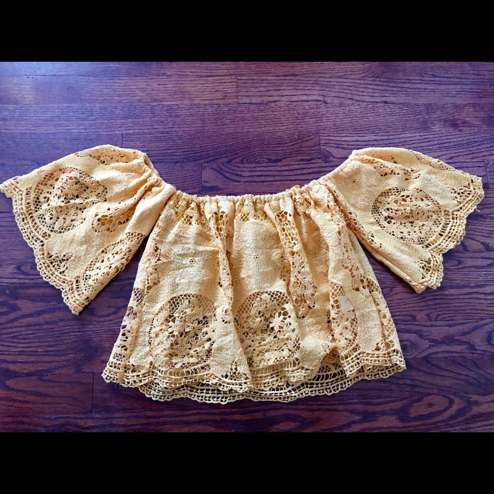 Fashion Nova, off the shoulder, mustard crotchet